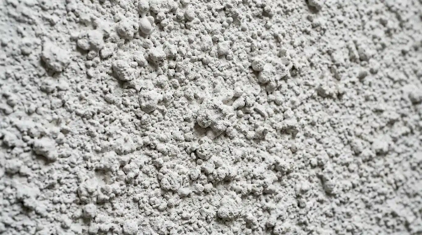 close-up of a rough, textured, light gray stucco or concrete surface with visible granular aggregates