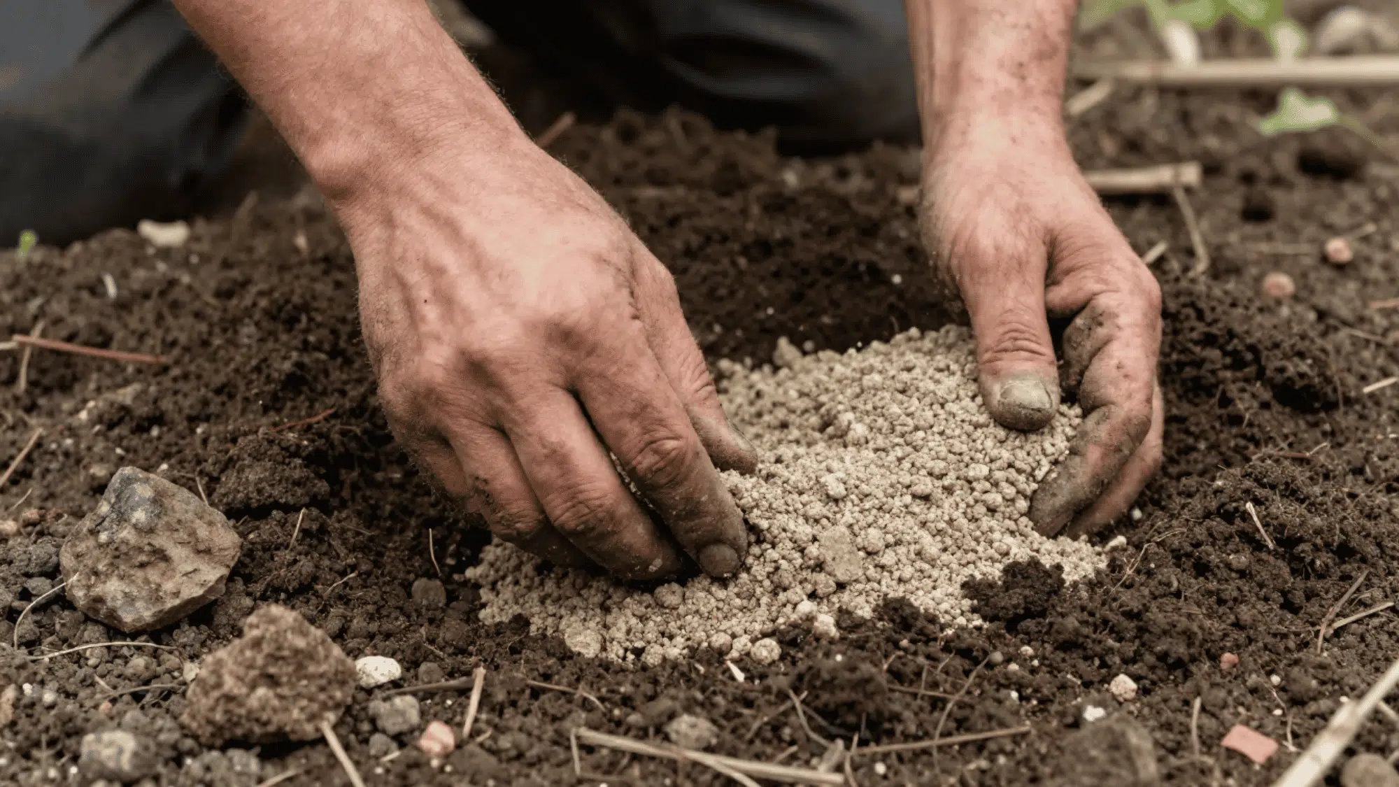 close up of dirty hands mixing coarse builders sand and compost into heavy garden earth for planting lavender