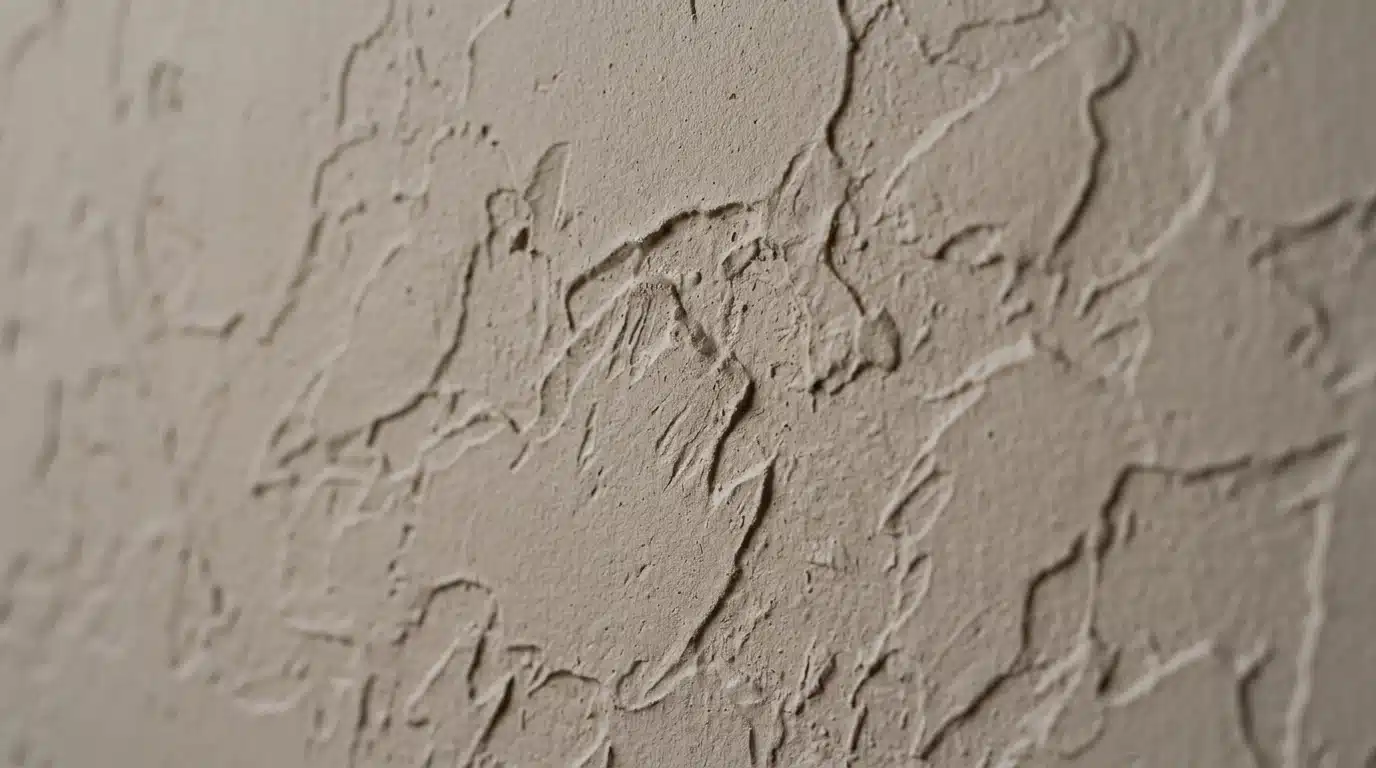 close-up of light beige stucco or plaster wall texture with trowel marks and raised relief patterns