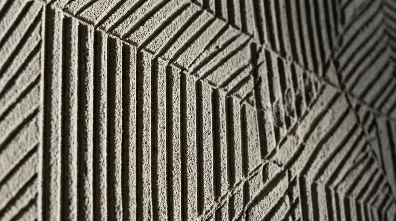 close-up of textured gray concrete surface featuring a repeating geometric pattern of parallel, deeply grooved lines forming diamond and vertical shapes, highlighted by strong shadows