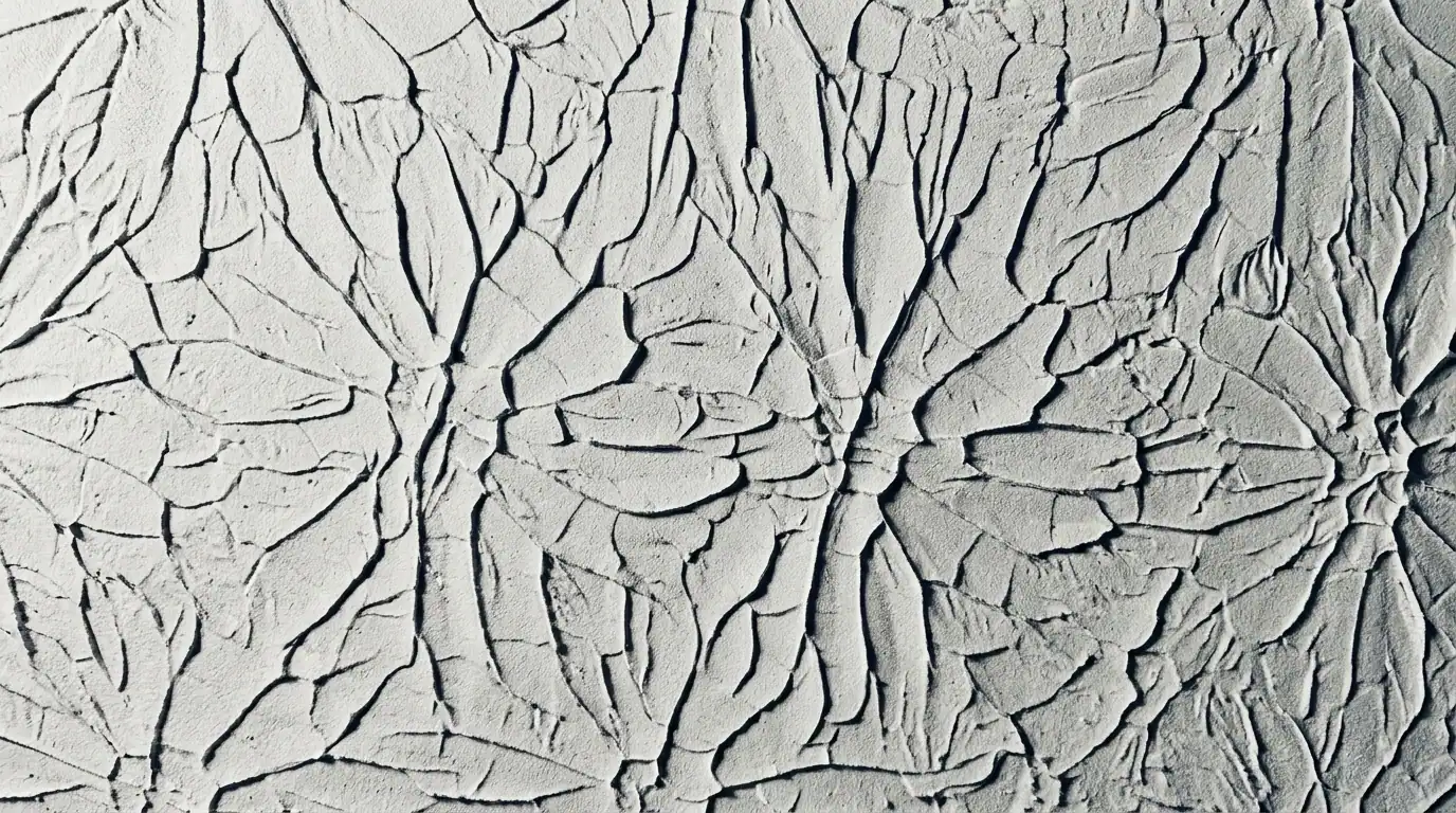 close-up texture of dried, cracked light gray stucco or plaster showing deep, irregular fissures and strong shadows