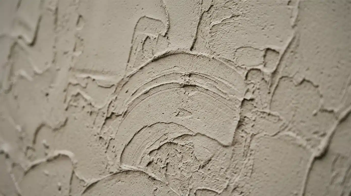 close-up texture shot of light gray stucco or plaster wall with trowel marks forming curved ridges