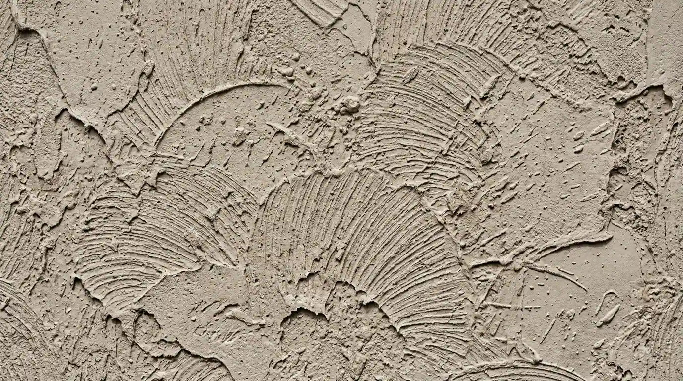 close-up view of a light brown stucco or plaster wall texture featuring swirling, troweled patterns