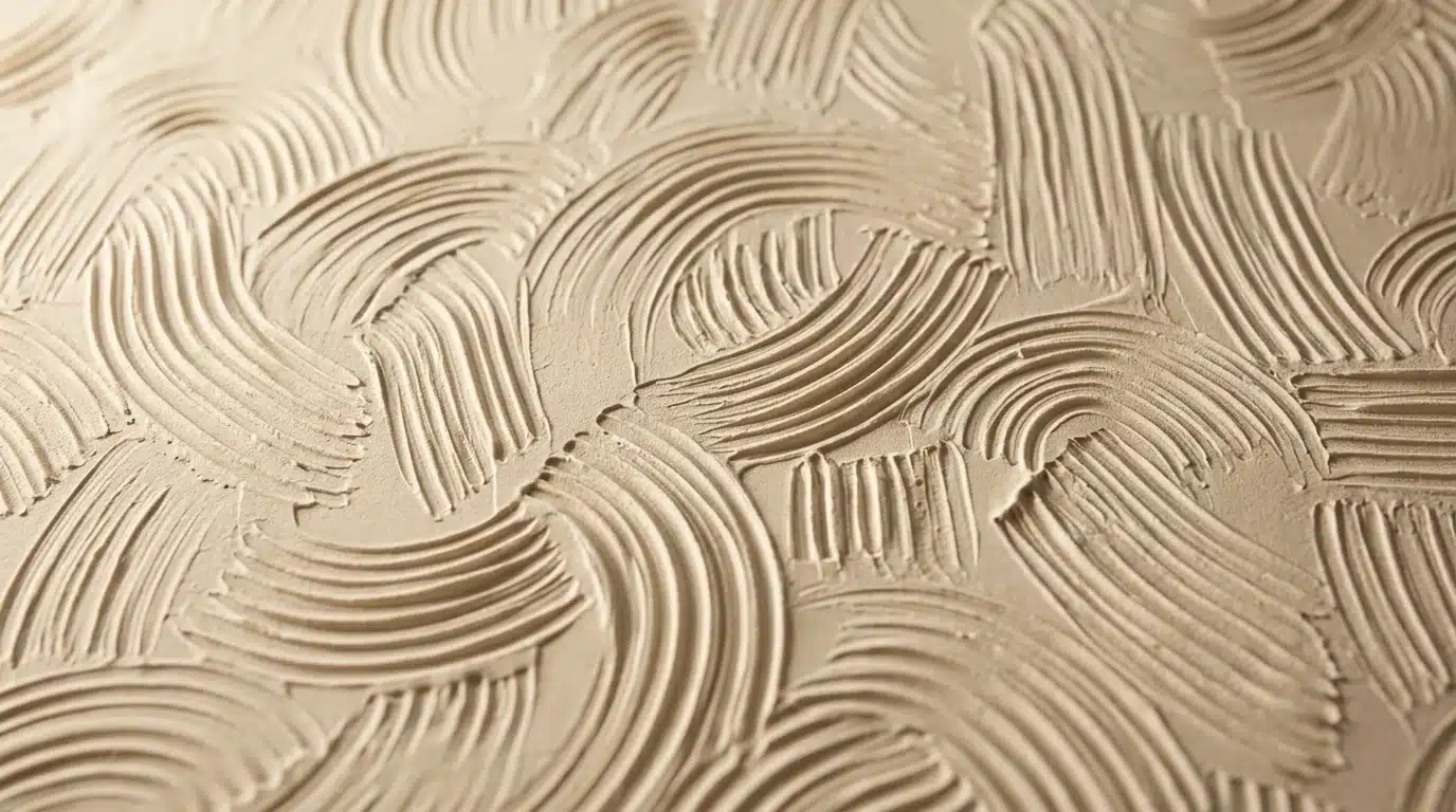 close-up view of beige textured wall with abstract, sweeping curved plaster trowel marks creating a wave-like pattern