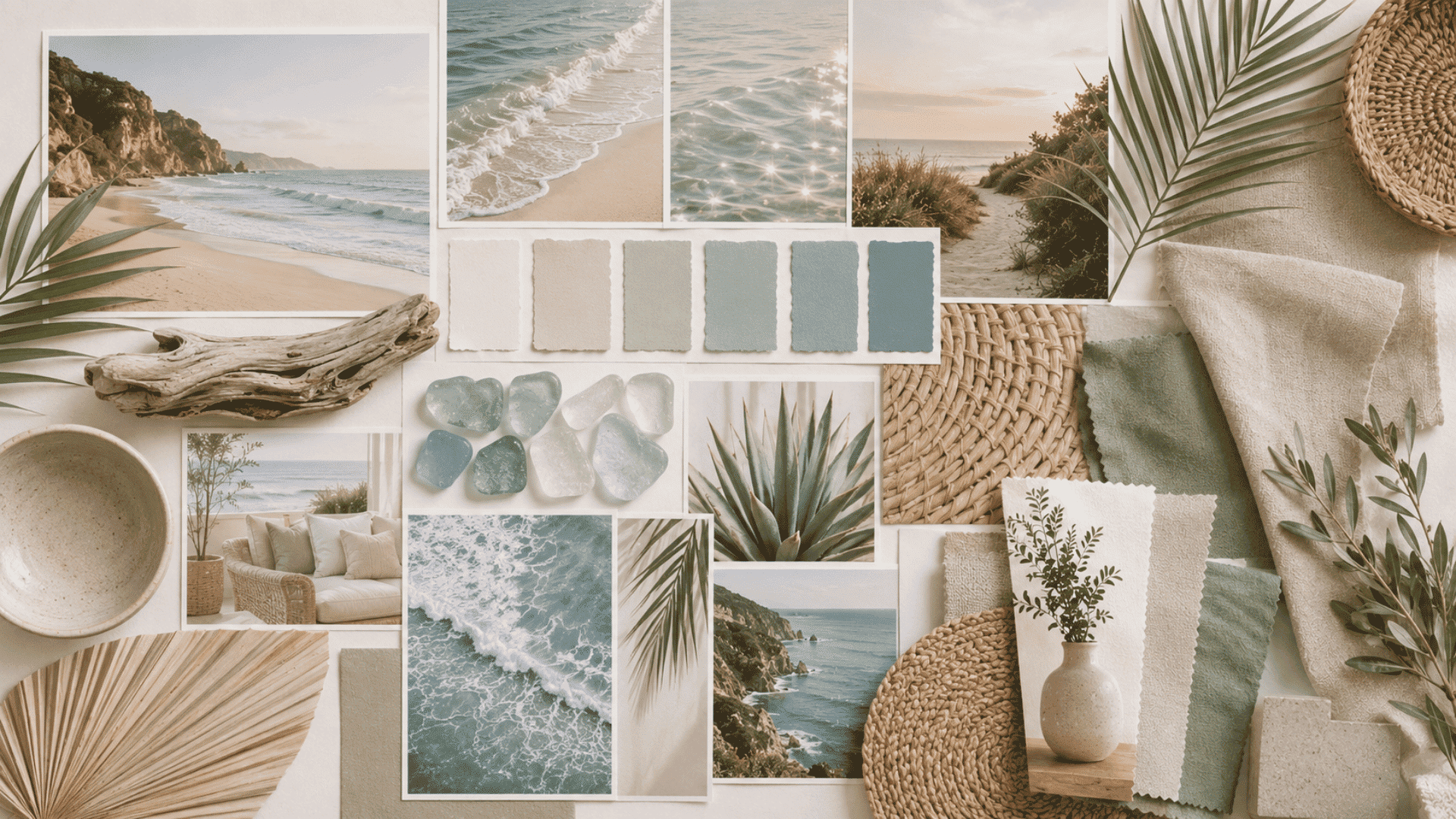 coastal aesthetic mood board featuring sea glass driftwood woven textures and calming beach imagery