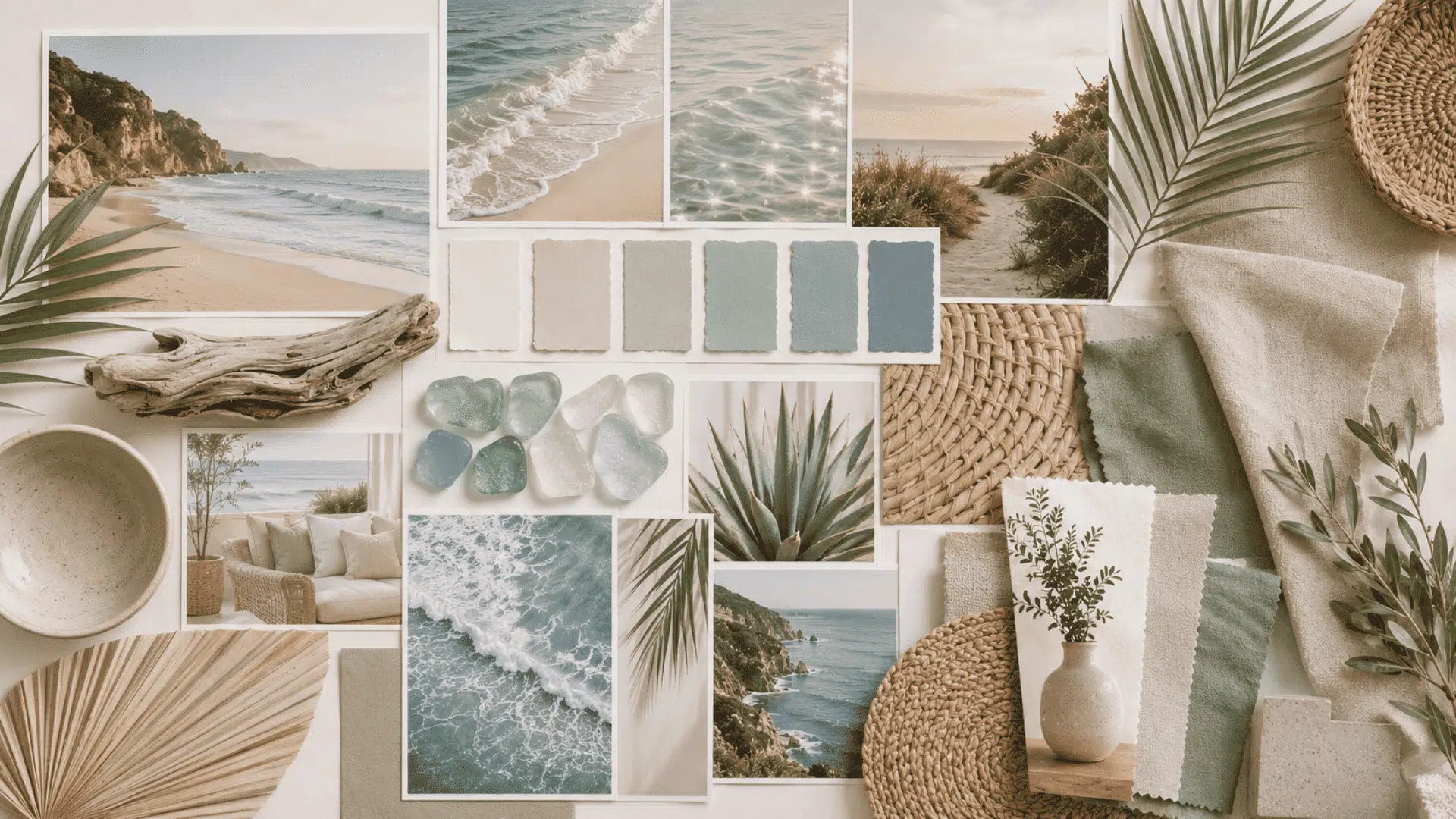 coastal aesthetic mood board featuring sea glass driftwood woven textures and calming beach imagery