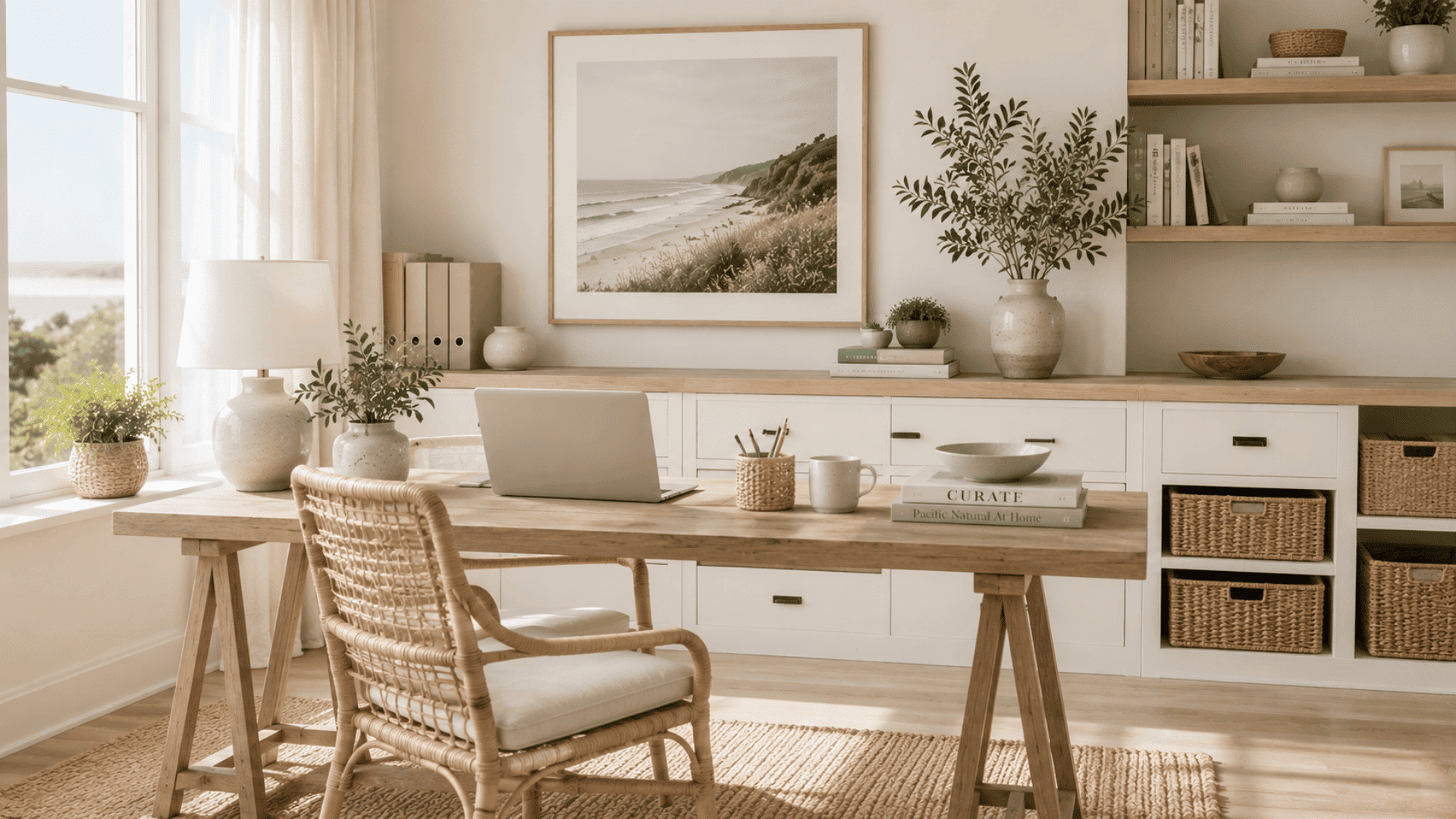 coastal inspired workspace with natural light woven storage neutral decor and organized desk styling
