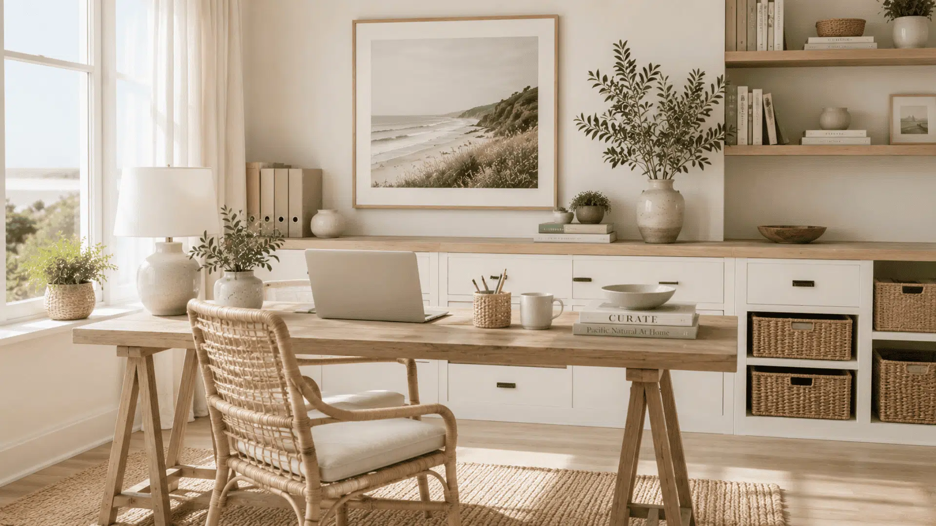 coastal inspired workspace with natural light woven storage neutral decor and organized desk styling