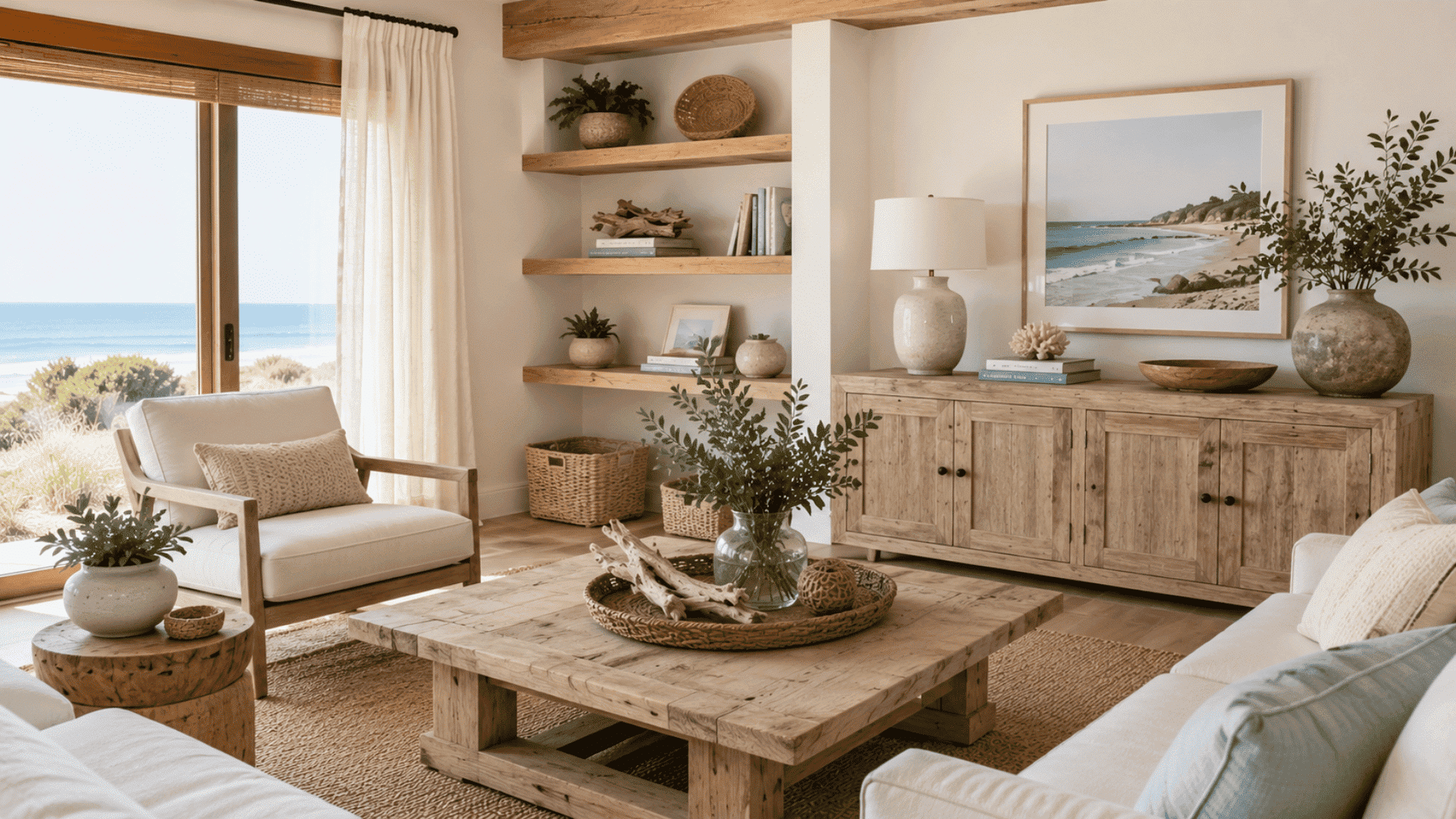 coastal interior with natural wood furniture driftwood accents and warm organic finishes throughout