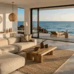 coastal living room with ocean views natural textures neutral furnishings and large glass doors opening to the sea (2) (1)