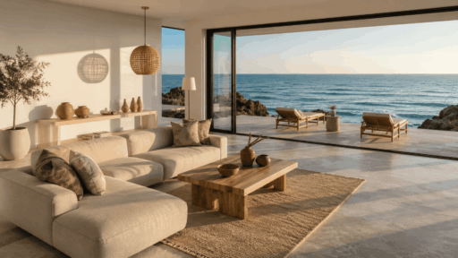 coastal living room with ocean views natural textures neutral furnishings and large glass doors opening to the sea (2) (1)