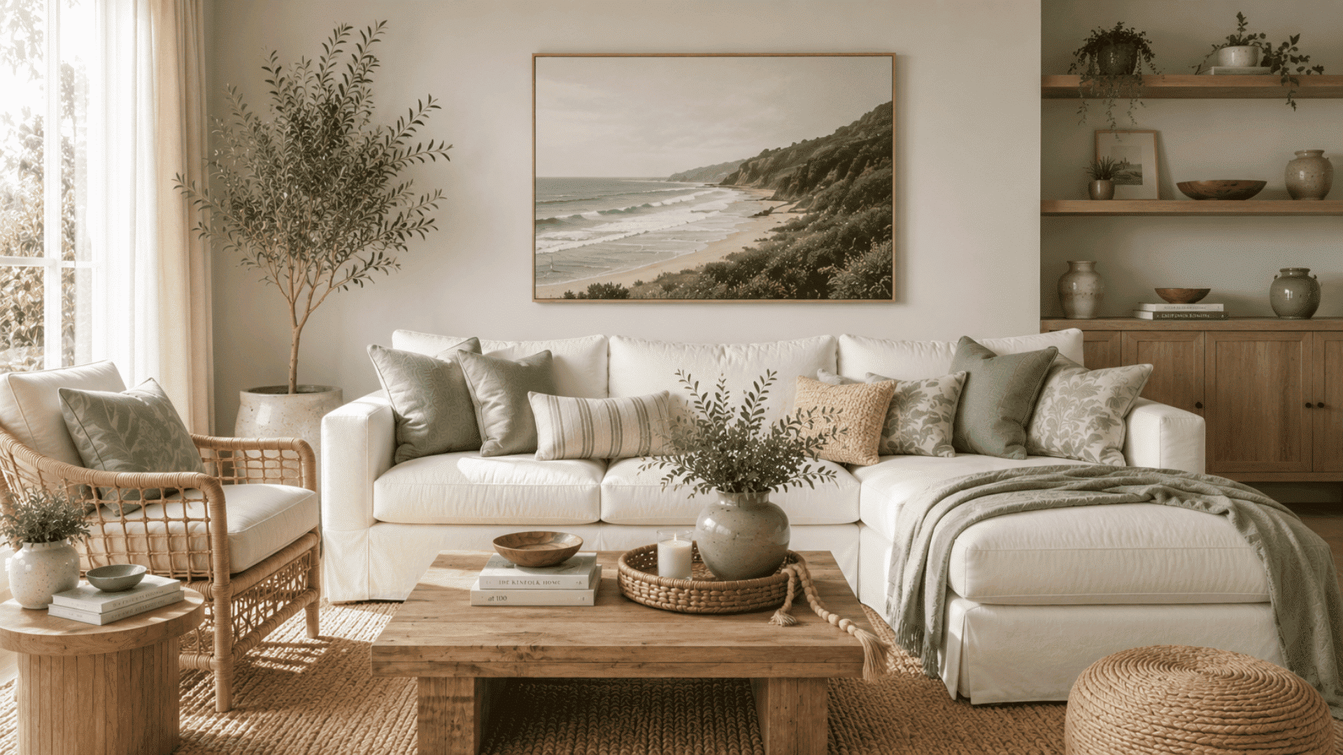 coastal living space featuring sage green accents natural wood textures and neutral furnishings