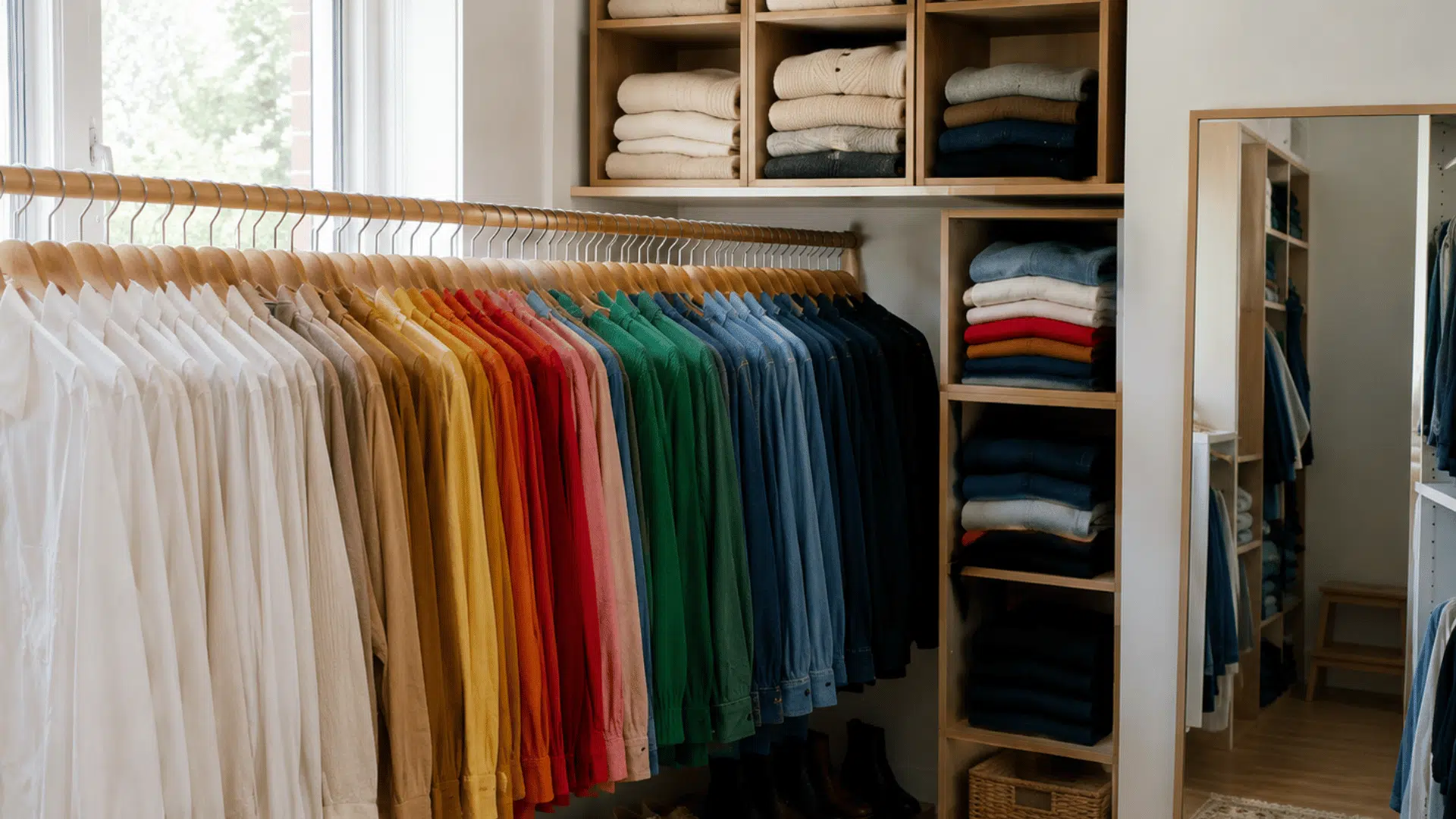 color coordinated wardrobe with neatly arranged shirts folded sweaters shoes and storage baskets in a bright closet
