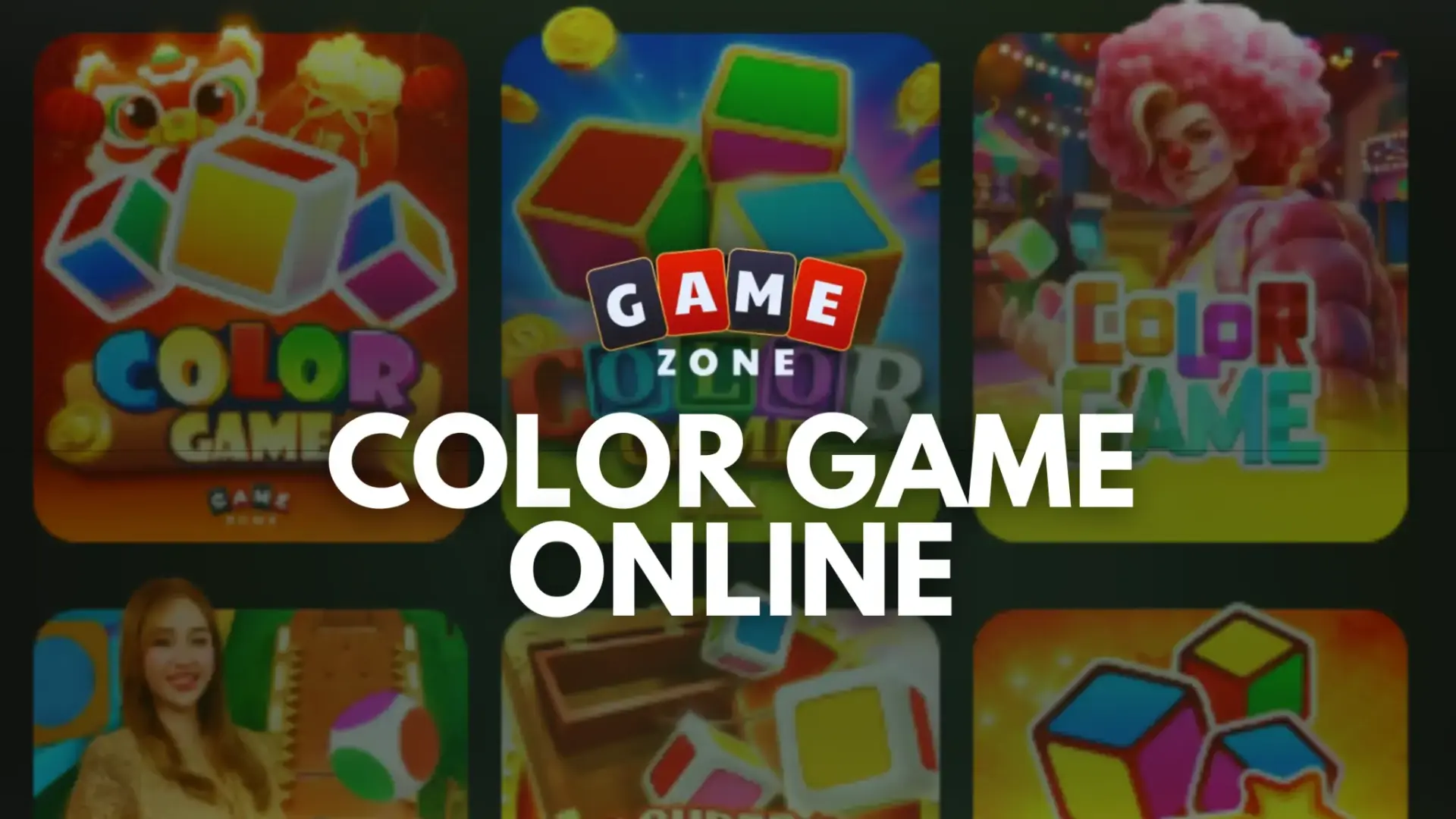 Colorful game icons with cubes and lively graphics on a dark background