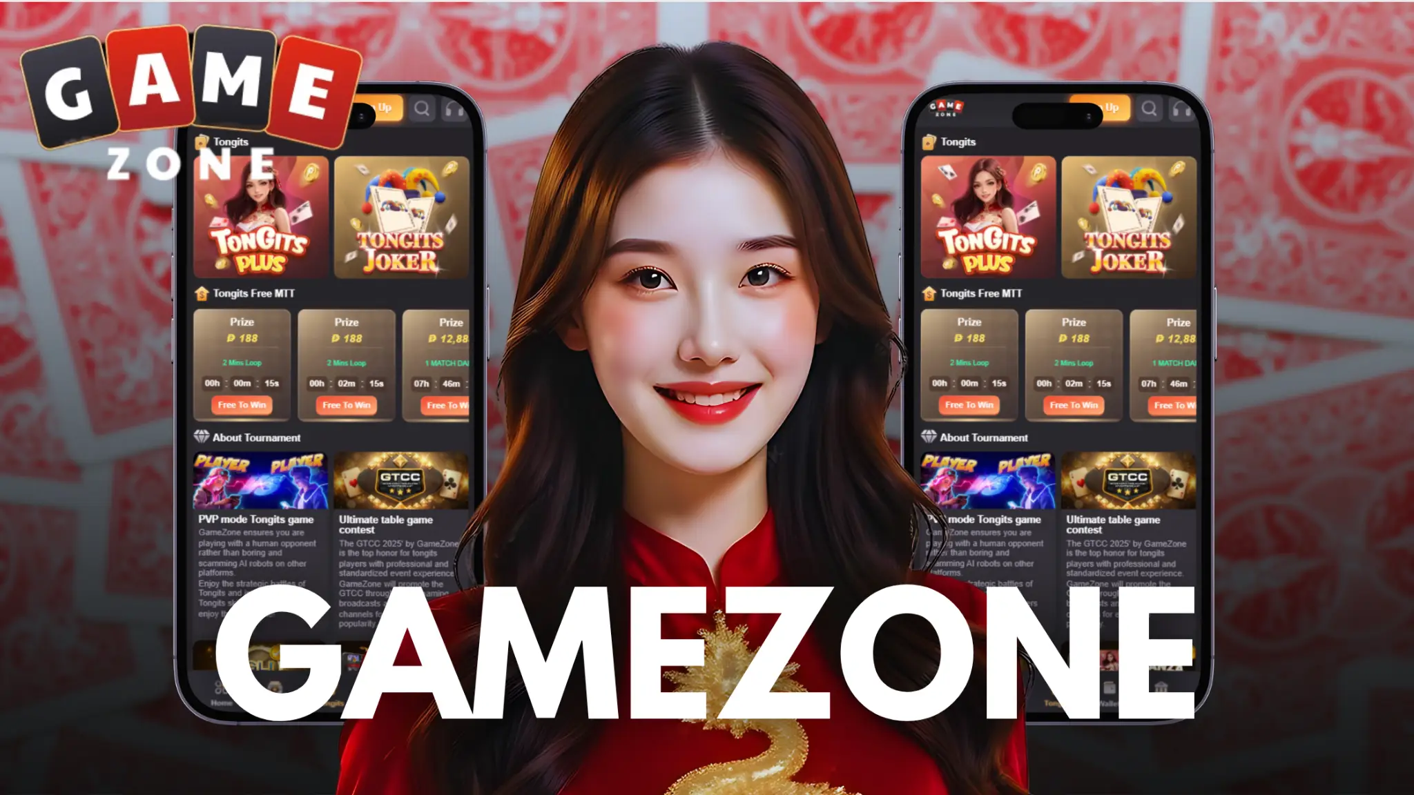Smiling woman in red outfit holding smartphones displaying mobile gaming app interface