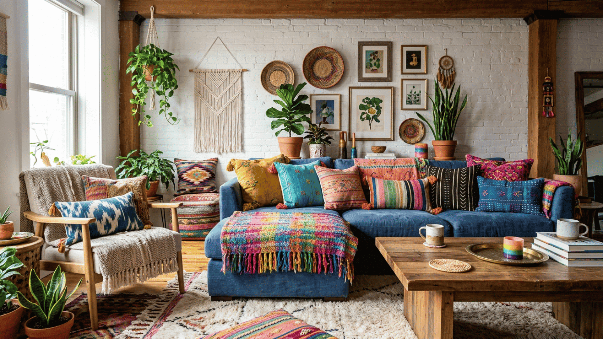 colorful boho living room with blue sofa patterned cushions woven wall decor and lush houseplants