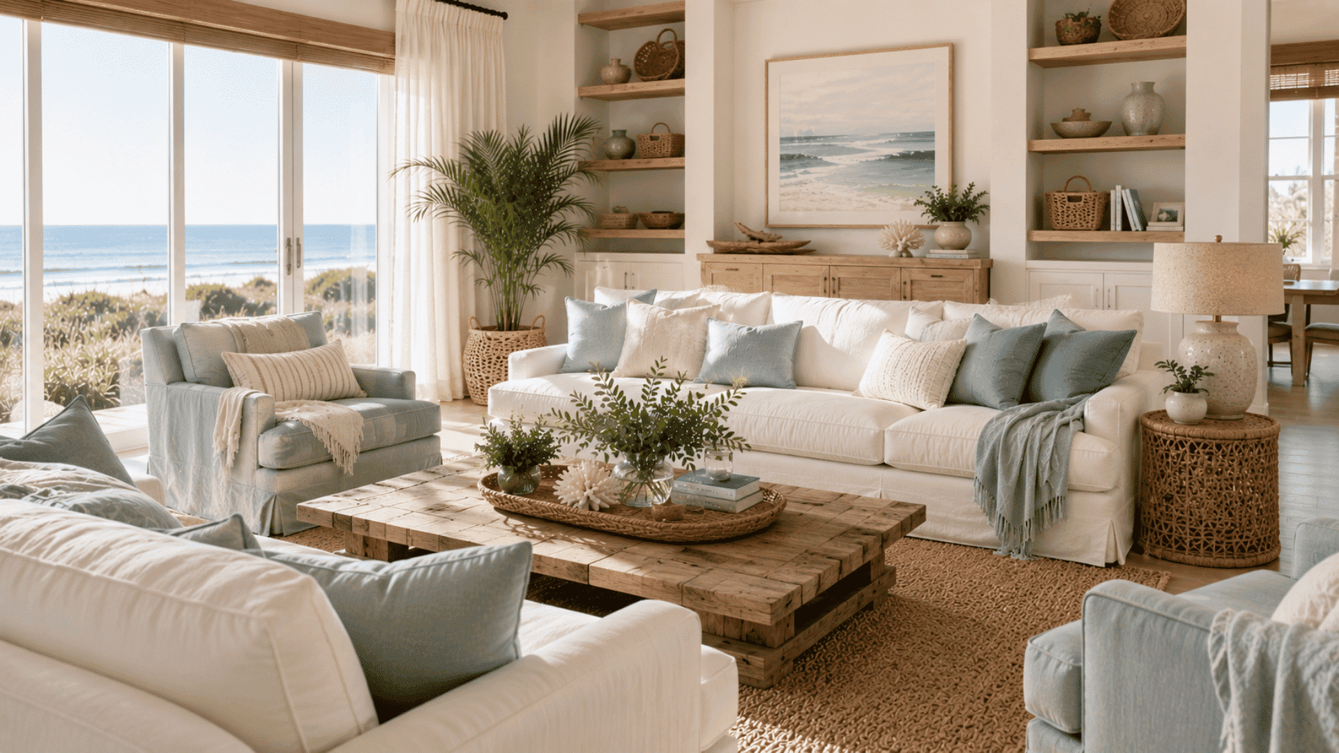 comfortable coastal living room with oversized seating soft cushions and relaxed furniture arrangements