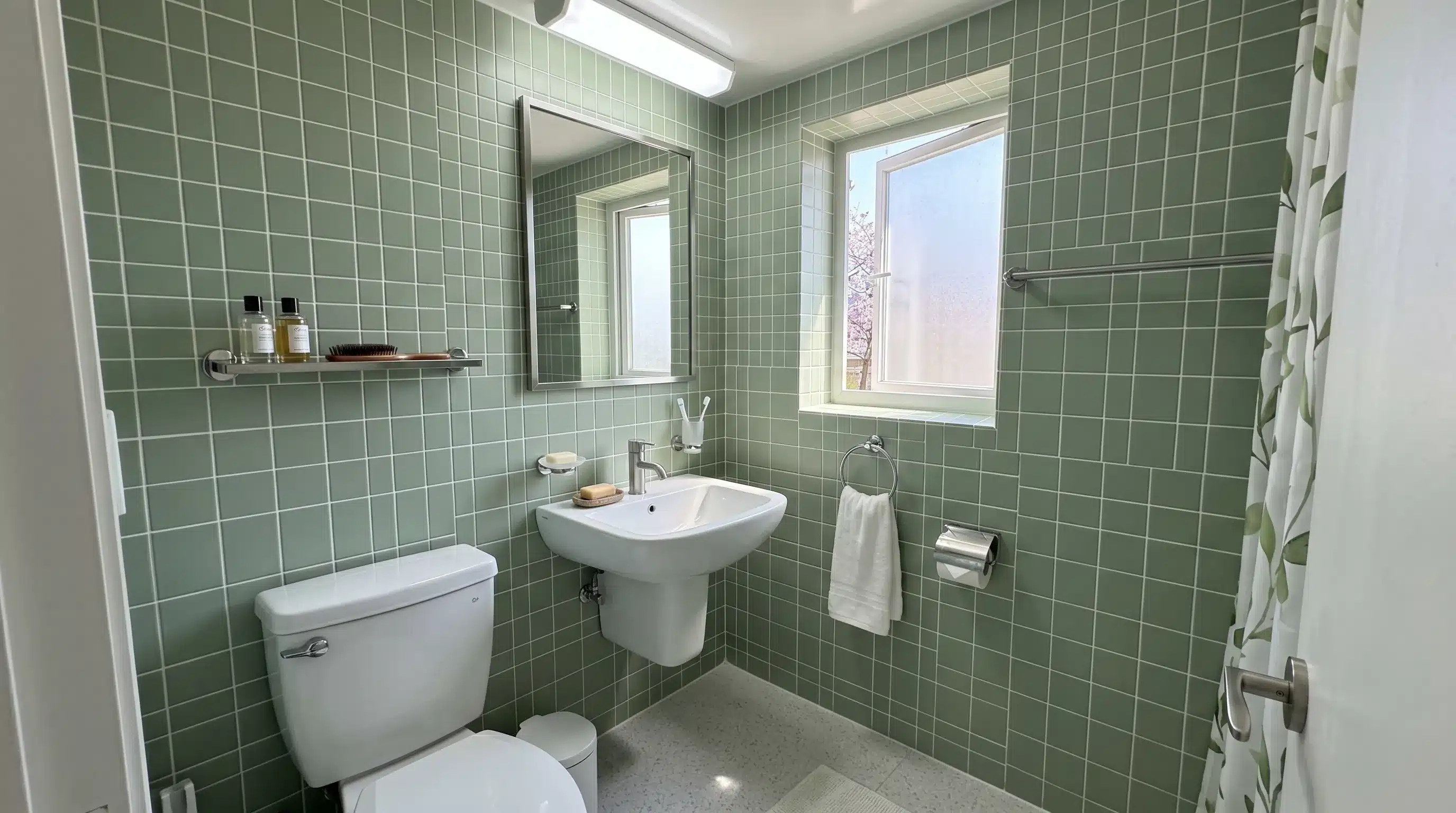 Compact bathroom featuring sage green square wall tiles, a pedestal sink, a toilet, and a window letting in bright natural light