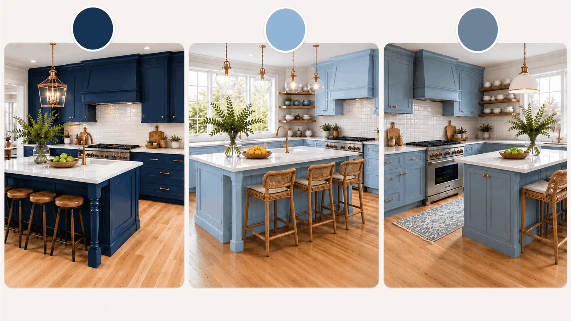 comparison of navy sky blue and dusty blue kitchen cabinet colors with bright white countertops and natural wood flooring (1)