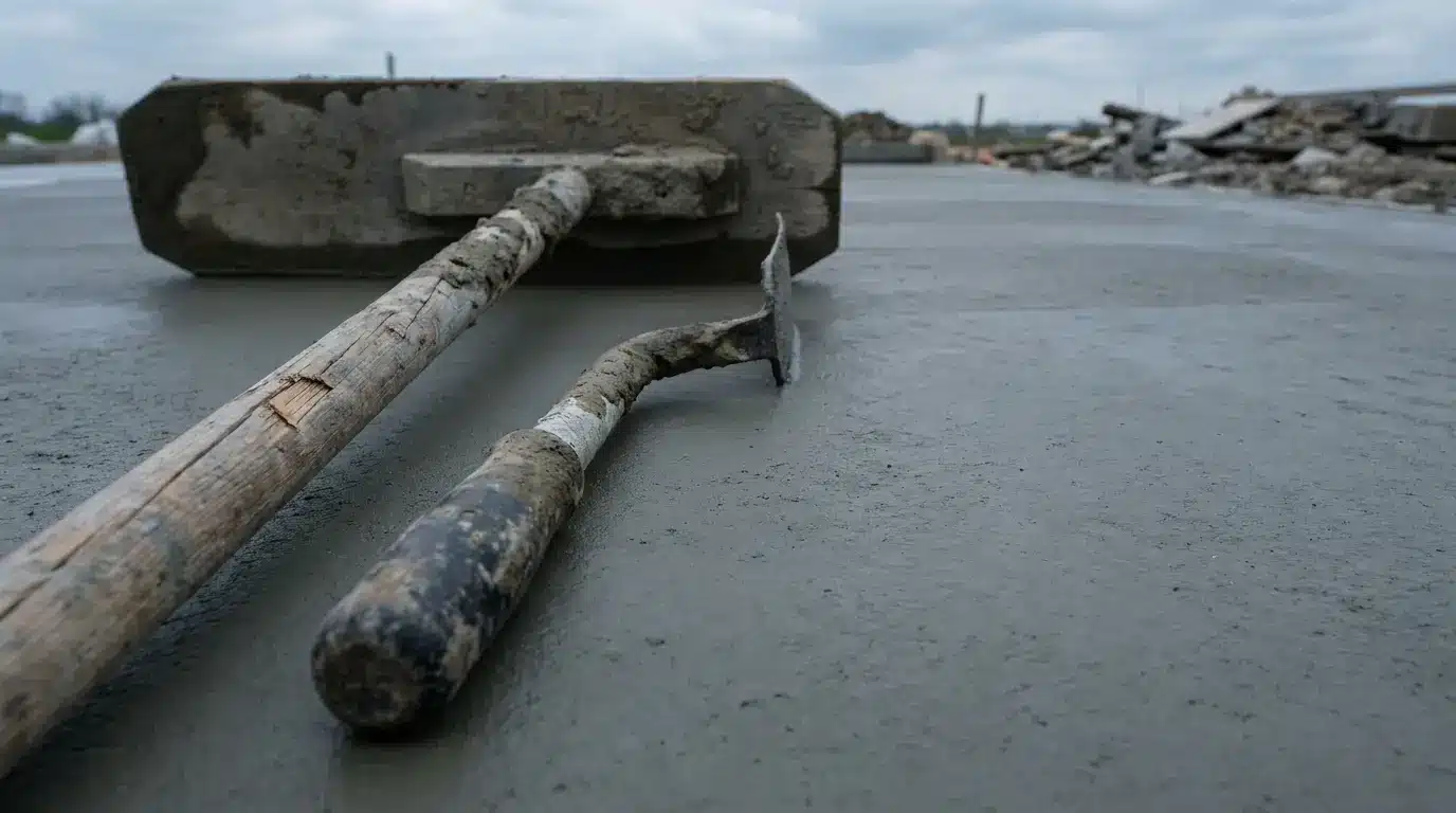 Trowel and concrete float resting on freshly poured concrete with cloudy sky backdrop