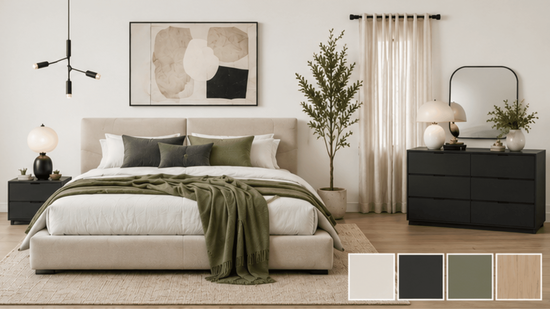 contemporary organic modern bedroom with upholstered furniture abstract artwork dark accents and soft green tones
