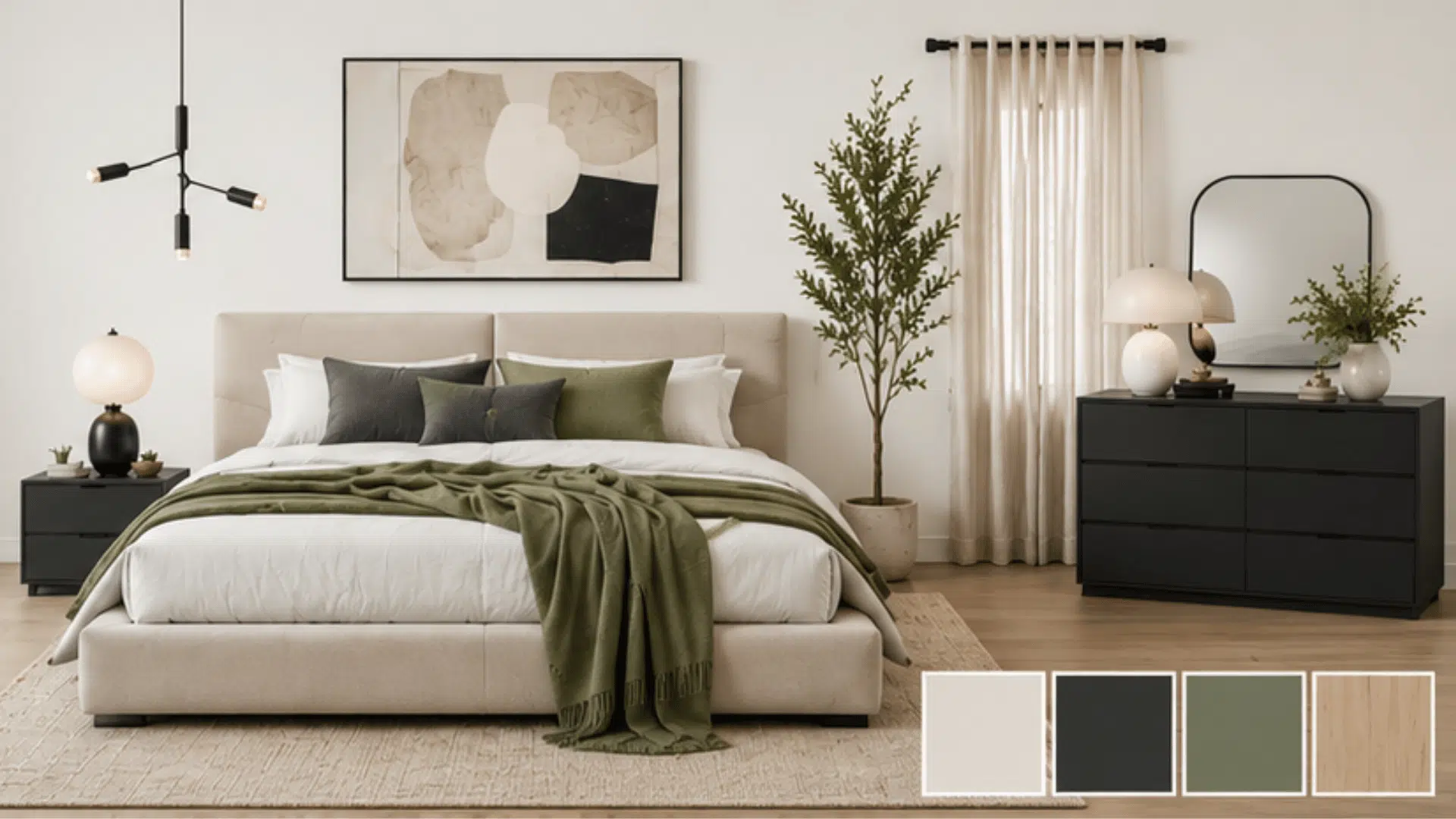 contemporary organic modern bedroom with upholstered furniture abstract artwork dark accents and soft green tones