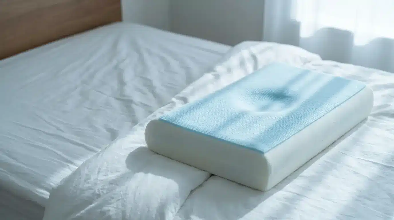 Memory foam pillow with blue cover placed on white mattress in sunlit bedroom