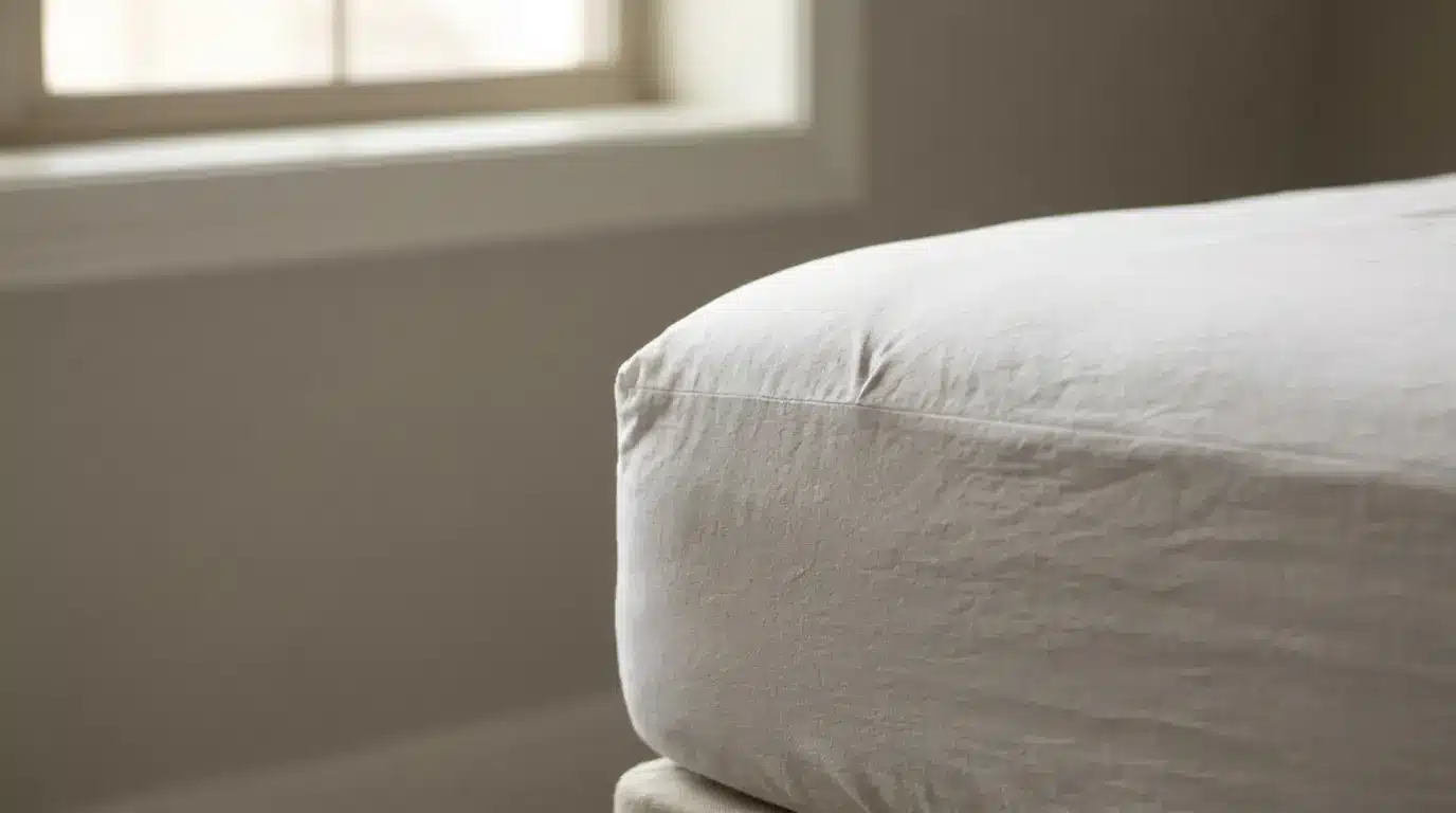 White bedsheet corner on mattress in softly lit bedroom near window