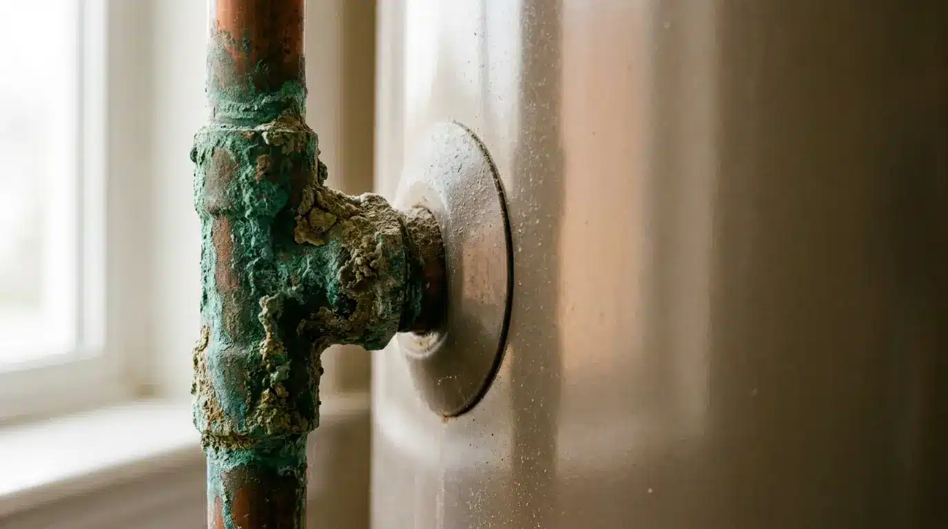 Corroded copper pipe connected to a tank in natural light by a window