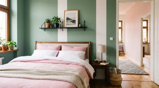 Cozy bedroom featuring a wooden bed with pink and white linens against a sage green and white vertically striped wall, opening into a hallway with light pink walls