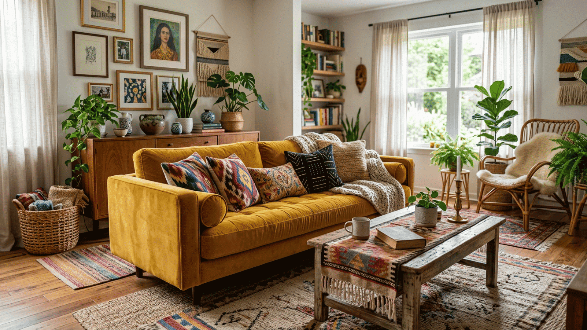 cozy boho living room with mustard sofa patterned cushions woven decor indoor plants and rustic table