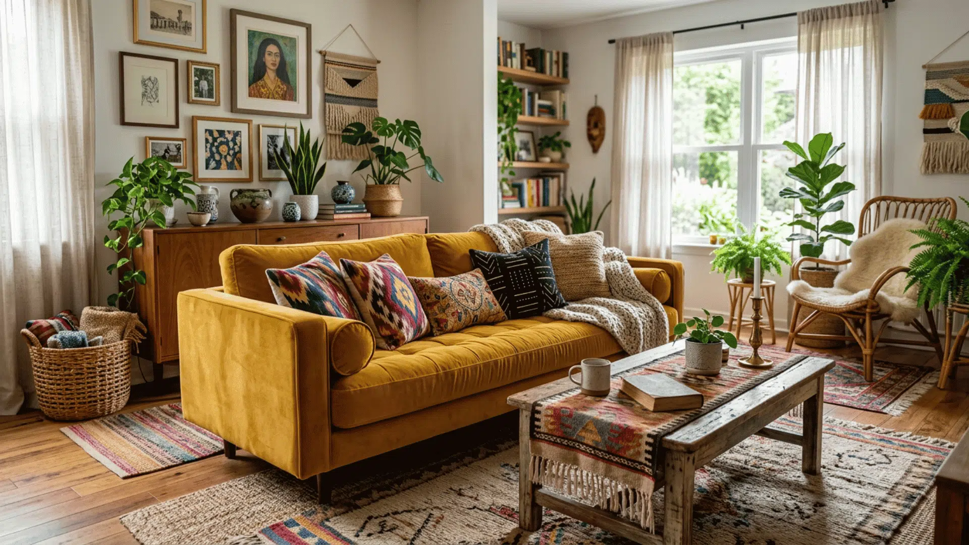 cozy boho living room with mustard sofa patterned cushions woven decor indoor plants and rustic table