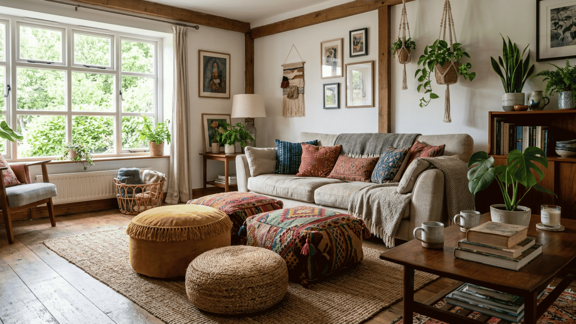 cozy boho living room with neutral sofa colorful poufs hanging plants and rustic wooden accents