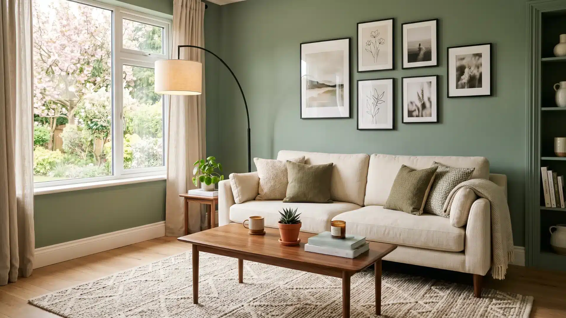 Cozy living room featuring a cream sofa, sage green walls, a gallery wall of black-framed art, and a large window overlooking a lush garden