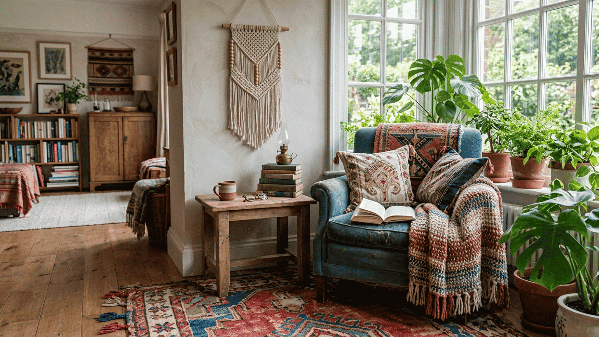 cozy reading nook with blue armchair patterned textiles indoor plants and sunlit window view