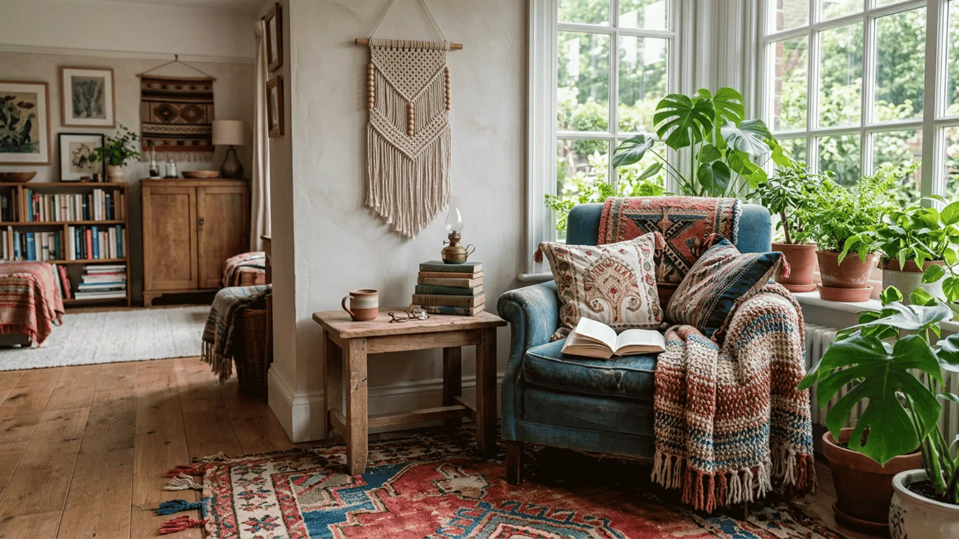 cozy reading nook with blue armchair patterned textiles indoor plants and sunlit window view