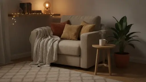 Cozy reading nook with beige armchair, knit blanket, warm pillows, and a steaming mug on side table