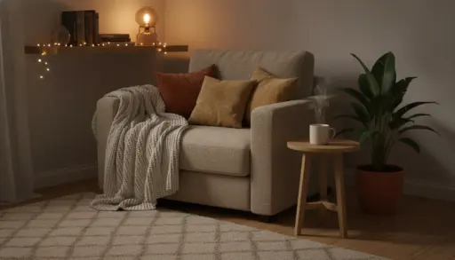 Cozy reading nook with beige armchair, knit blanket, warm pillows, and a steaming mug on side table