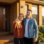 Couple smiling and holding keys in front of brick house entrance with potted plants