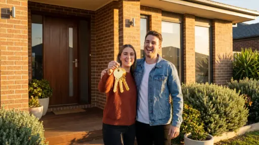 Couple smiling and holding keys in front of brick house entrance with potted plants