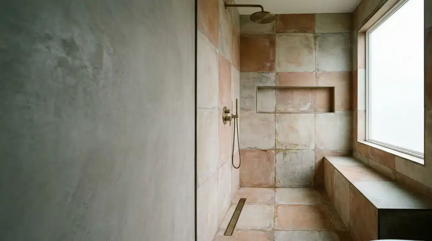 Minimalist bathroom with large shower, brass fixtures, and terracotta tiles under natural light