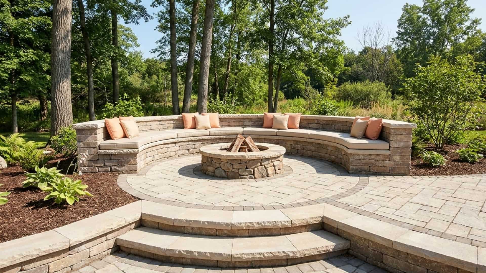 Curved backyard stone seating area with circular DIY fire pit, paved patio steps, outdoor cushions, and landscaped garden surrounded by tall trees.