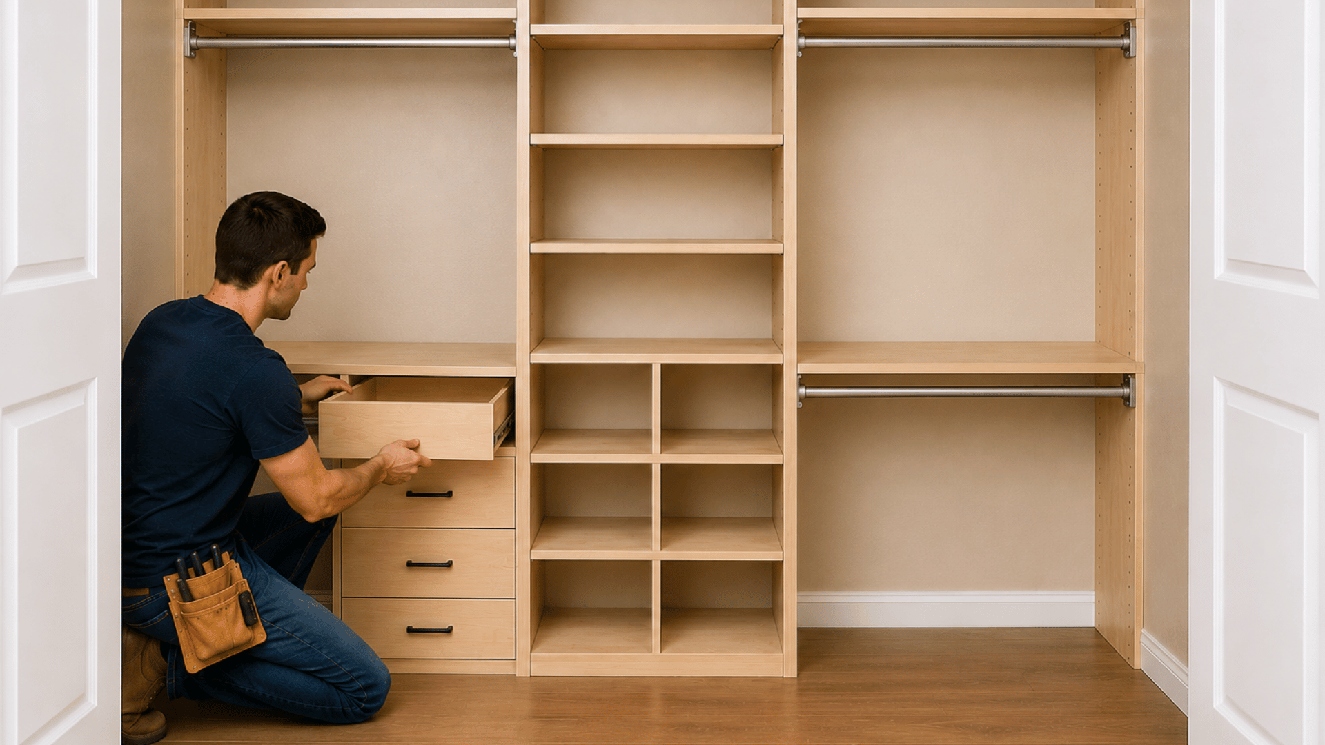 custom closet organizer with drawers cubbies shelving and storage compartments under construction