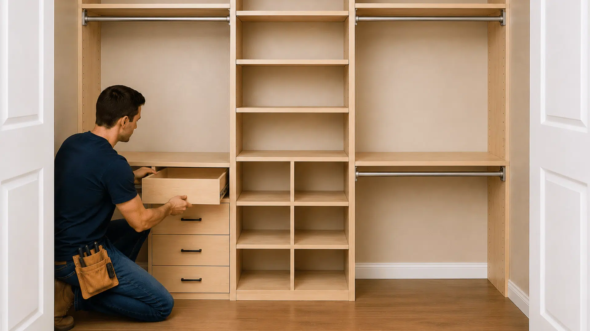 custom closet organizer with drawers cubbies shelving and storage compartments under construction