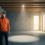 Man in orange hoodie stands in empty room with exposed beams and dim lighting