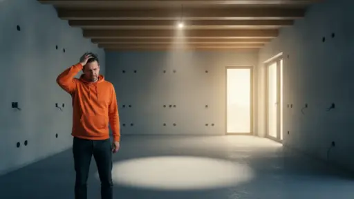 Man in orange hoodie stands in empty room with exposed beams and dim lighting