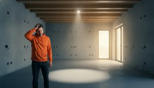 Man in orange hoodie stands in empty room with exposed beams and dim lighting