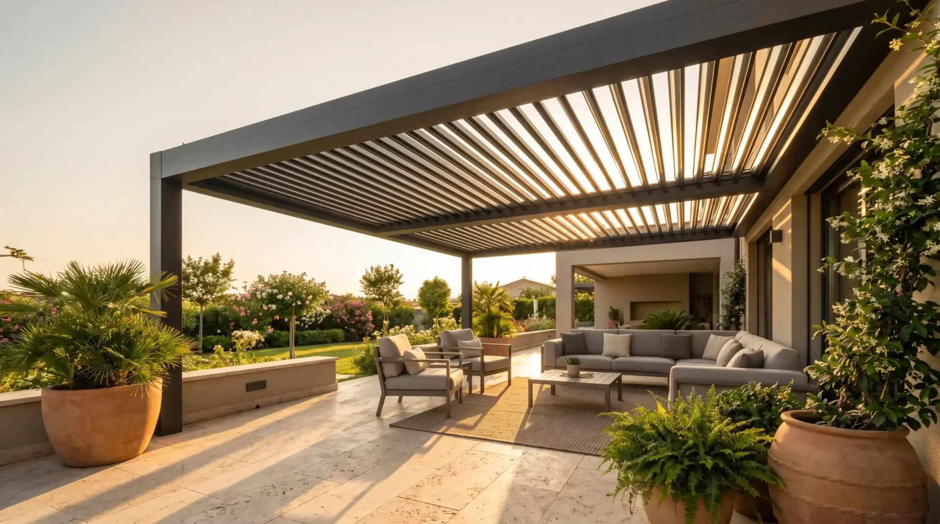 Modern outdoor patio with seating under a pergola, surrounded by lush greenery at sunset