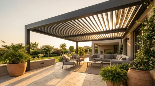 Modern outdoor patio with seating under a pergola, surrounded by lush greenery at sunset