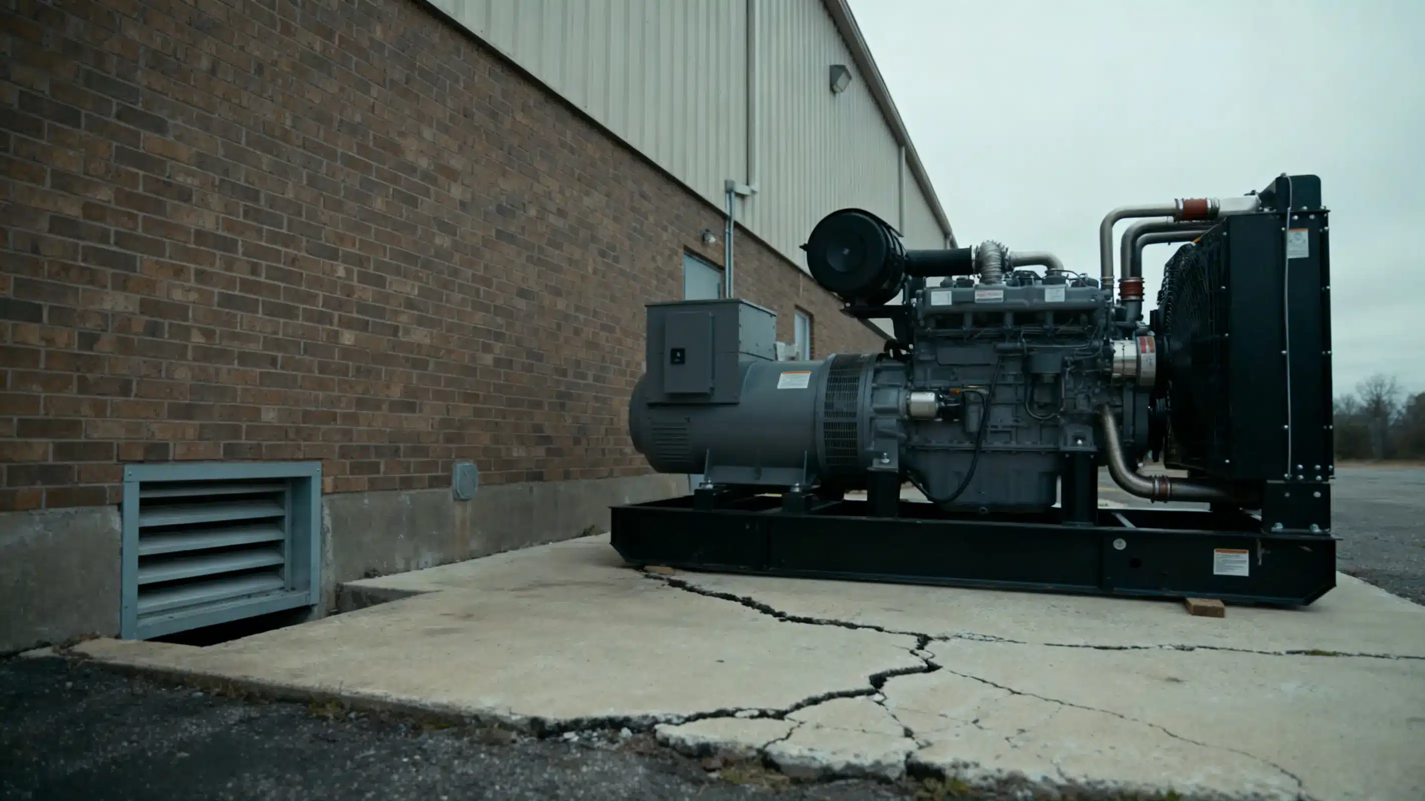 Industrial generator unit outside brick building on cracked concrete platform in overcast outdoor setting
